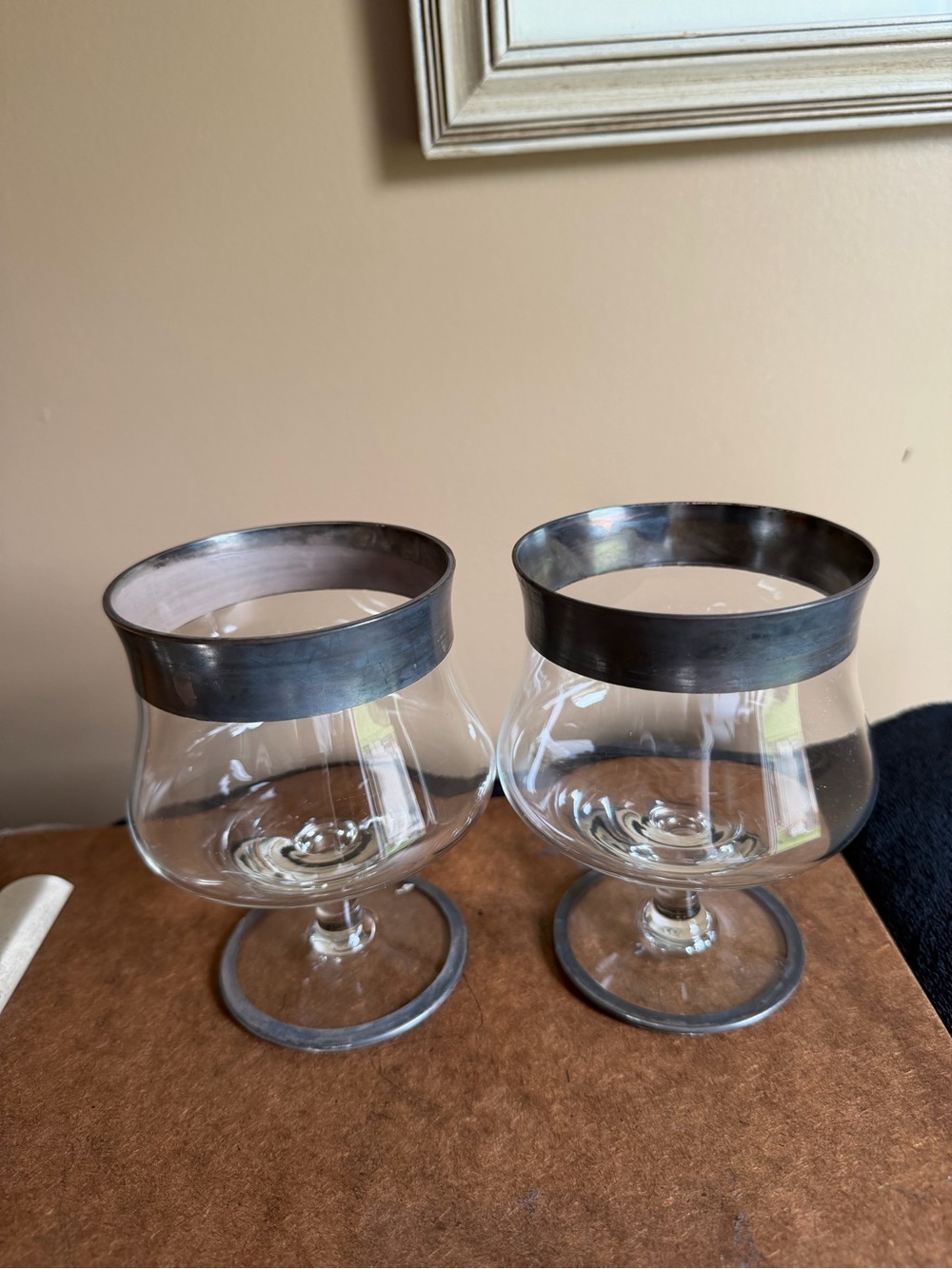 Clear Glass Goblets with Brushed Metal Rim - Set of 2